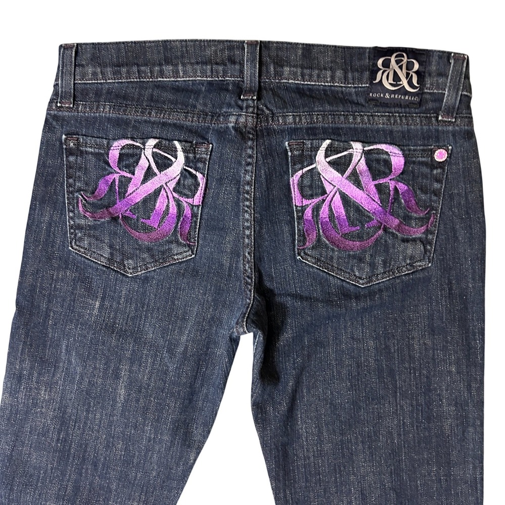 Rock & Republic Kasandra Bootcut Jeans Womens 28 Blue Purple Embroidered 30x28